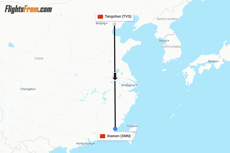 Flights from Tangshan to Xiamen route map