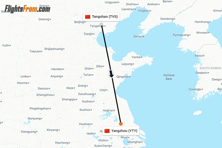 Flights from Tangshan to Yangzhou route map