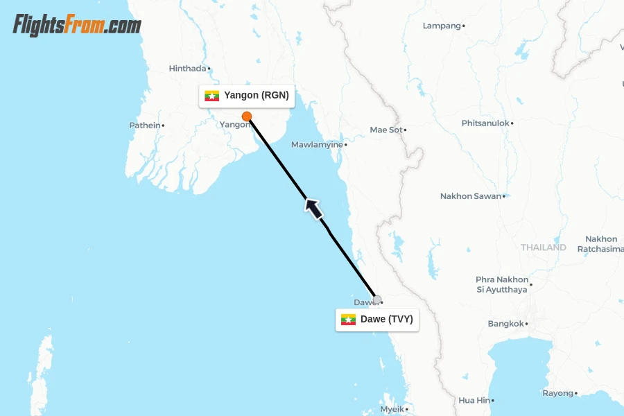 Flights from Dawe to Yangon route map
