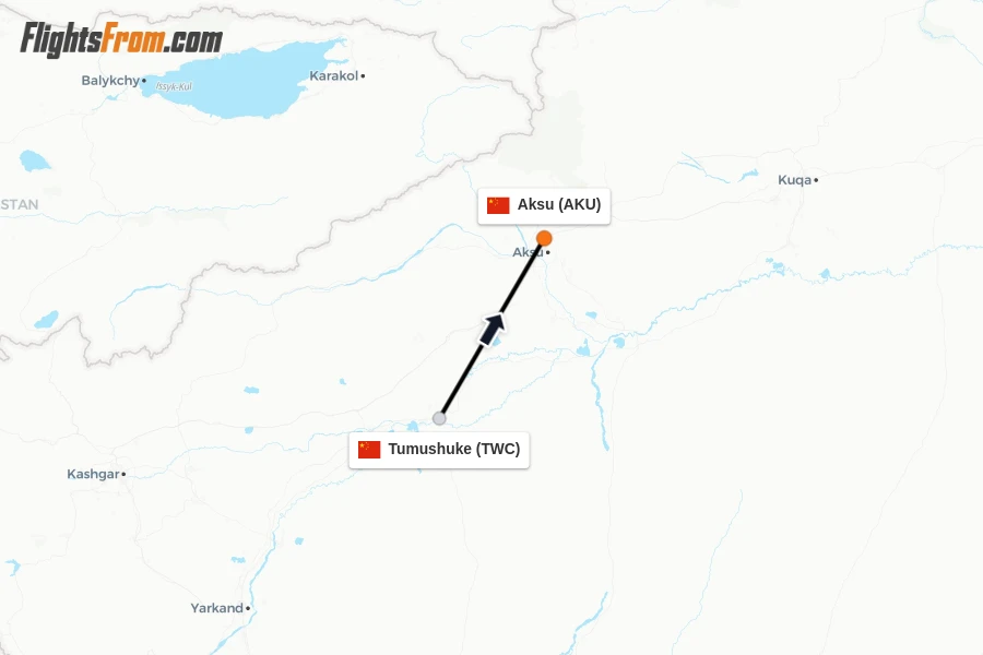 Flights from Tumushuke to Aksu route map