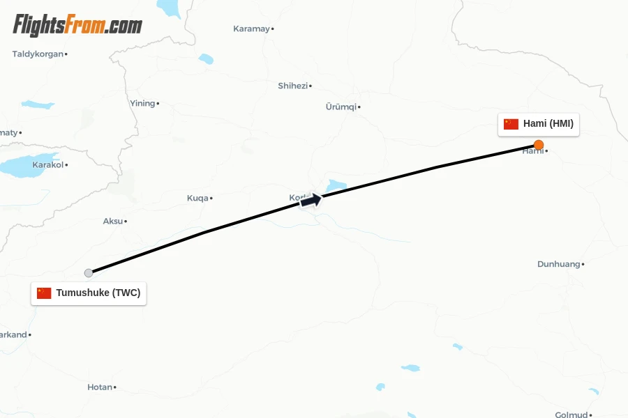 Flights from Tumushuke to Hami route map