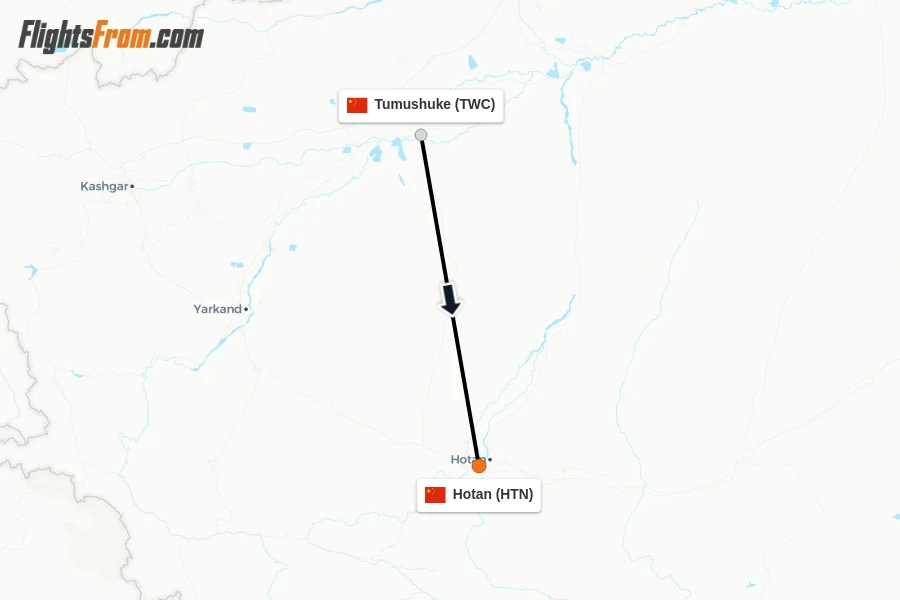 Flights from Tumushuke to Hotan route map