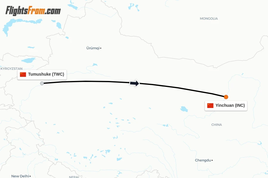 Flights from Tumushuke to Yinchuan route map
