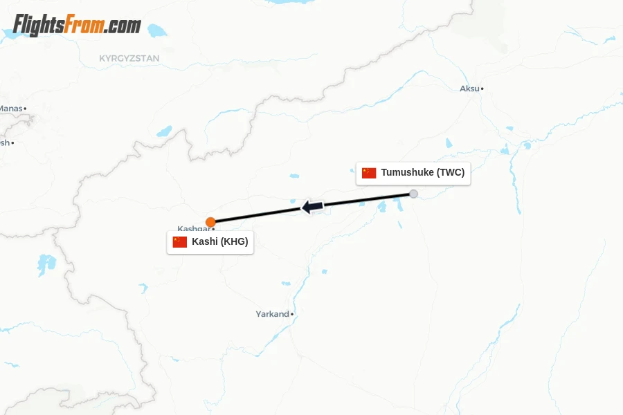 Flights from Tumushuke to Kashi route map