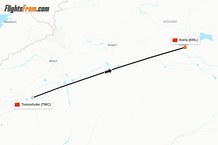 Flights from Tumushuke to Korla route map