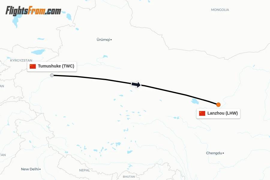 Flights from Tumushuke to Lanzhou route map