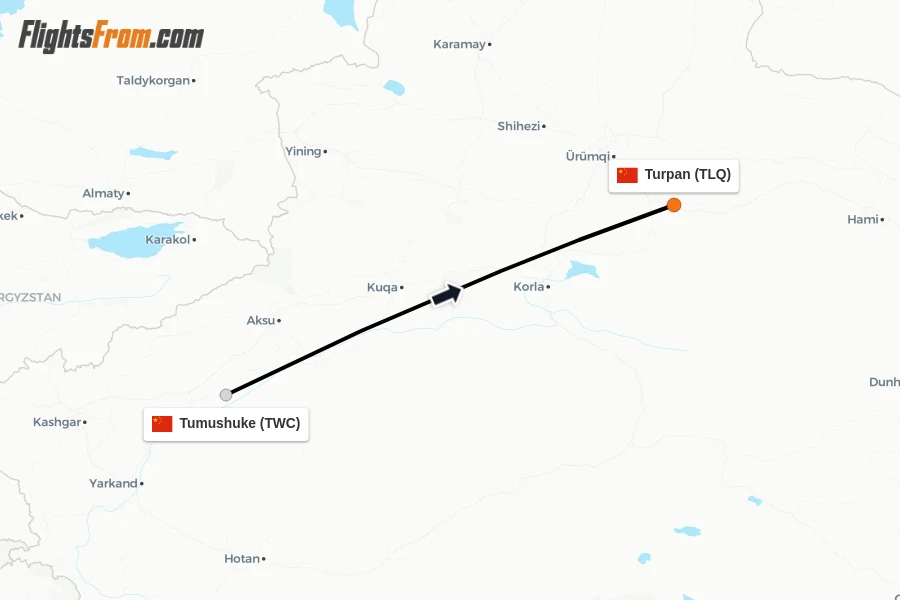 Flights from Tumushuke to Turpan route map
