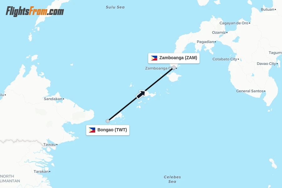 Flights from Bongao to Zamboanga route map