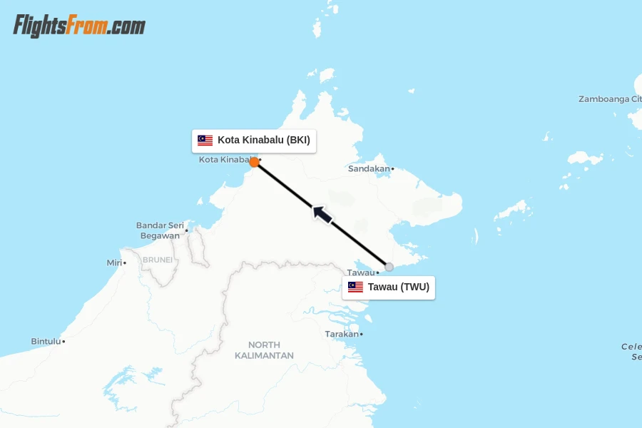 Flights from Tawau to Kota Kinabalu route map