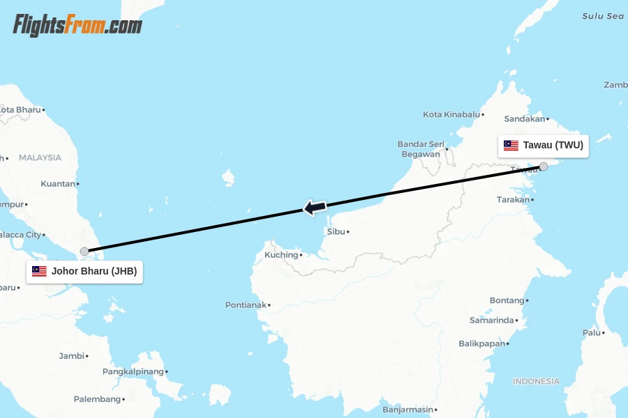 Flights from Tawau to Johor Bharu route map