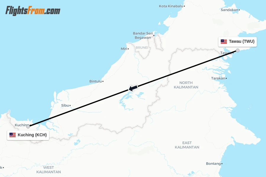 Flights from Tawau to Kuching route map