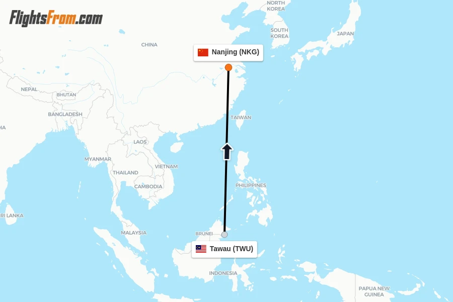Flights from Tawau to Nanjing route map