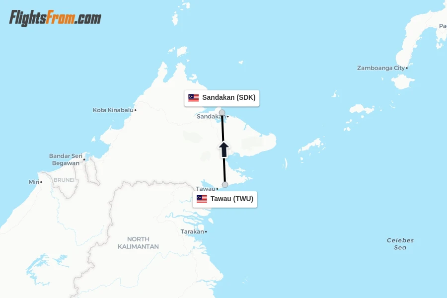 Flights from Tawau to Sandakan route map