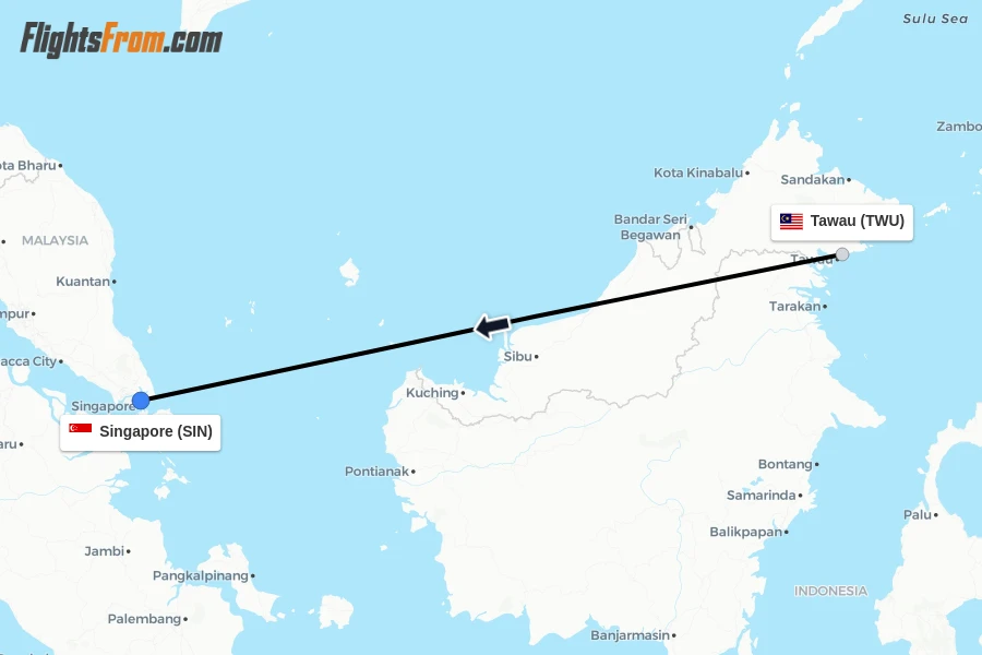Flights from Tawau to Singapore route map