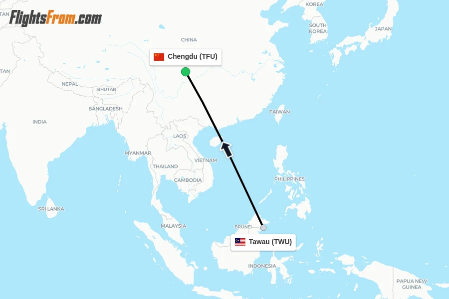 Flights from Tawau to Chengdu route map
