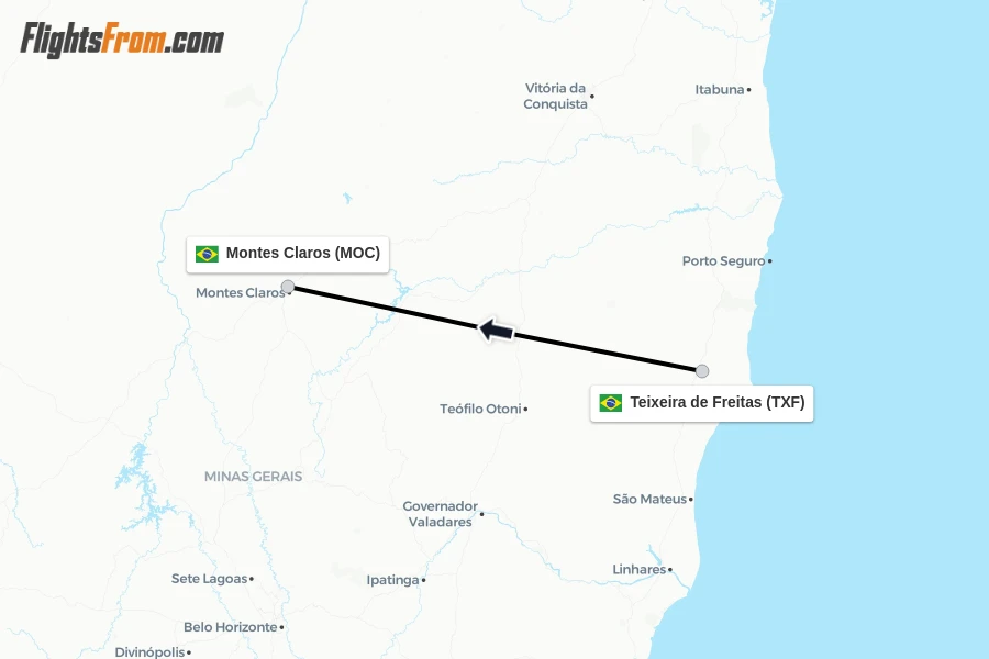 Flights from Teixeira de Freitas to Montes Claros route map