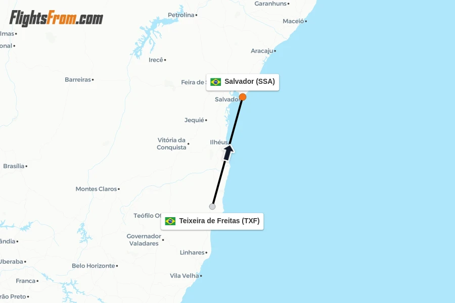 Flights from Teixeira de Freitas to Salvador route map