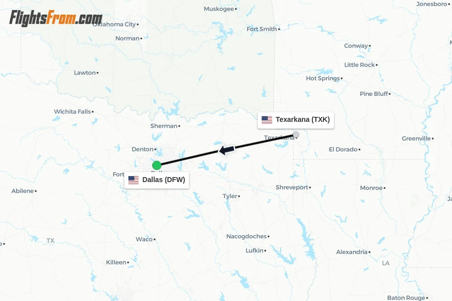 Flights from Texarkana to Dallas route map