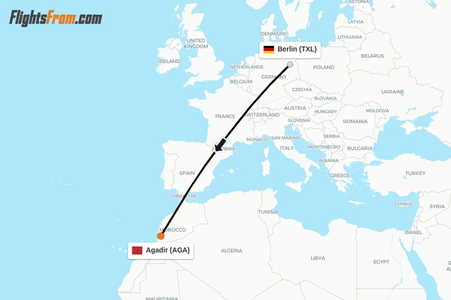 Flights from Berlin to Agadir route map