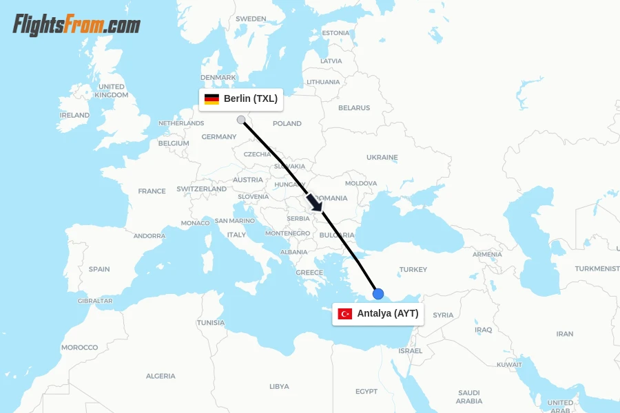Flights from Berlin to Antalya route map