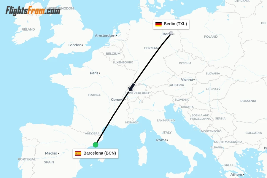 Flights from Berlin to Barcelona route map