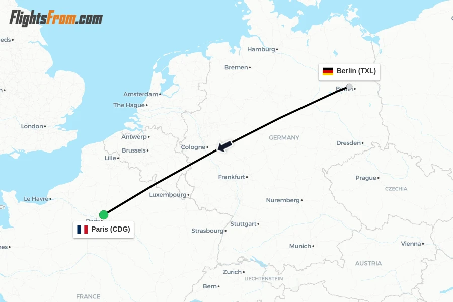 Flights from Berlin to Paris route map