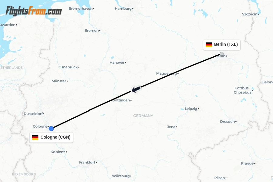 Flights from Berlin to Cologne route map