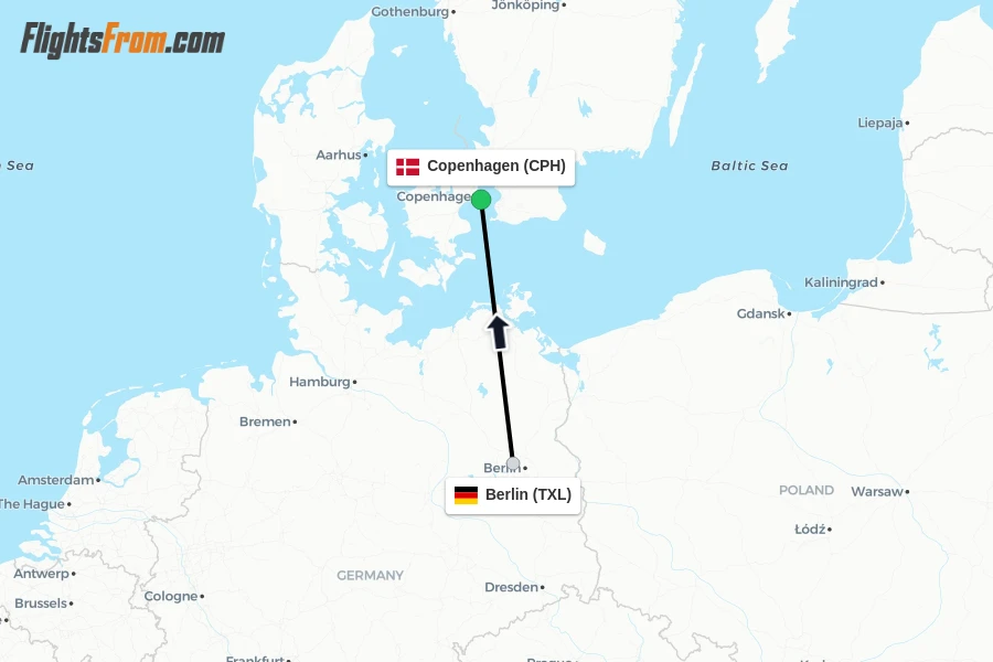 Flights from Berlin to Copenhagen route map