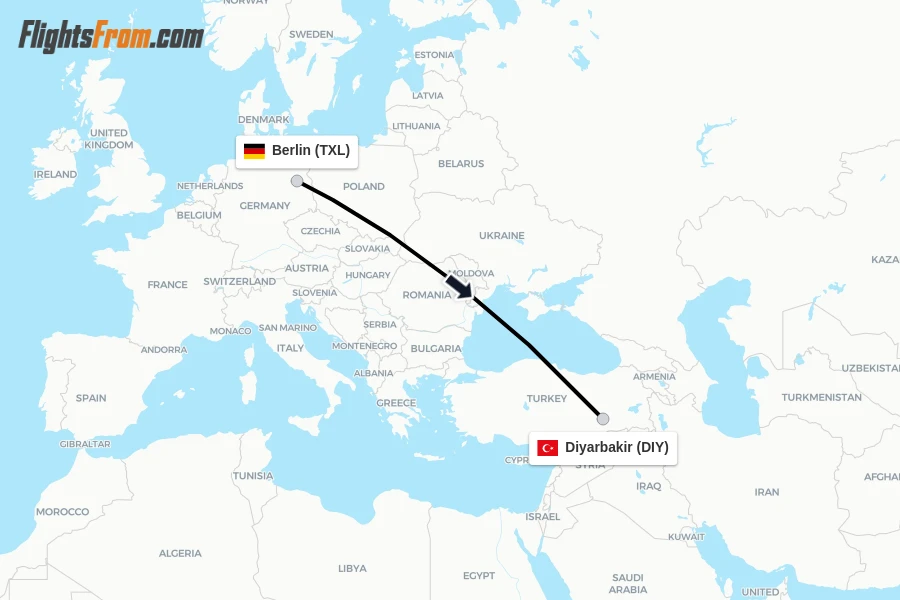 Flights from Berlin to Diyarbakir route map