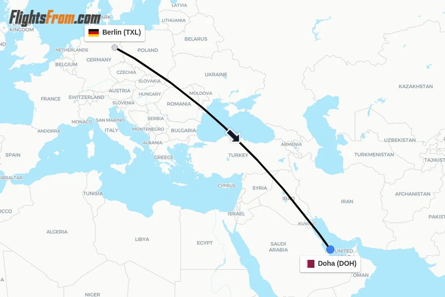 Flights from Berlin to Doha route map