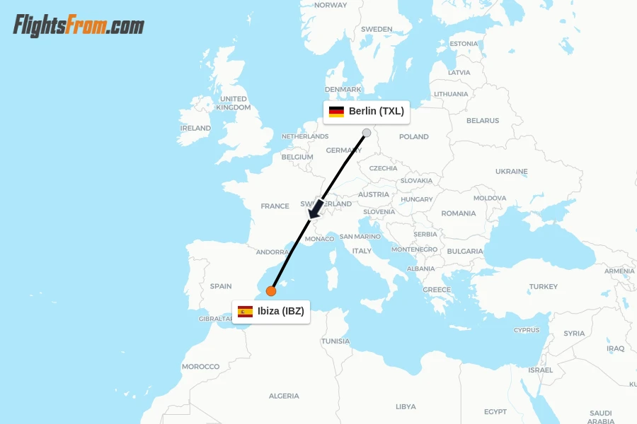 Flights from Berlin to Ibiza route map