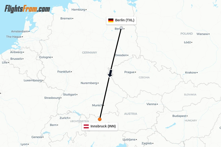 Flights from Berlin to Innsbruck route map