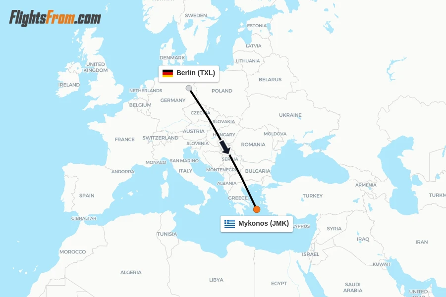 Flights from Berlin to Mykonos route map
