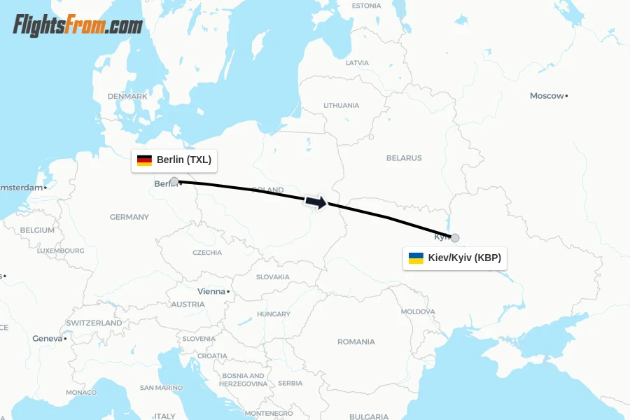 Flights from Berlin to Kiev/Kyiv route map