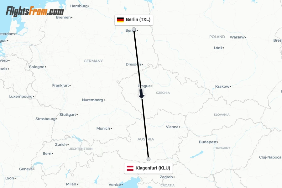 Flights from Berlin to Klagenfurt route map