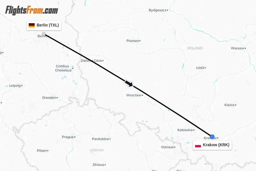 Flights from Berlin to Krakow route map