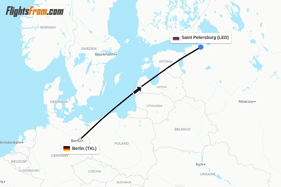 Flights from Berlin to Saint Petersburg route map
