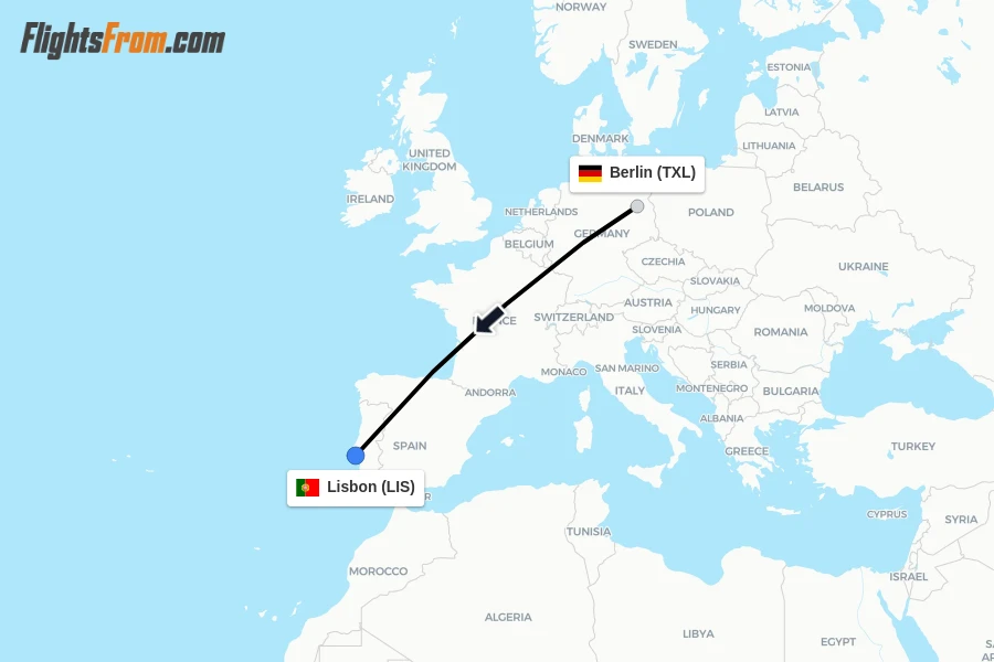 Flights from Berlin to Lisbon route map