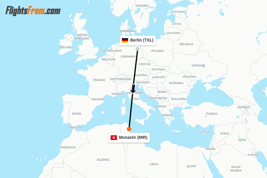 Flights from Berlin to Monastir route map