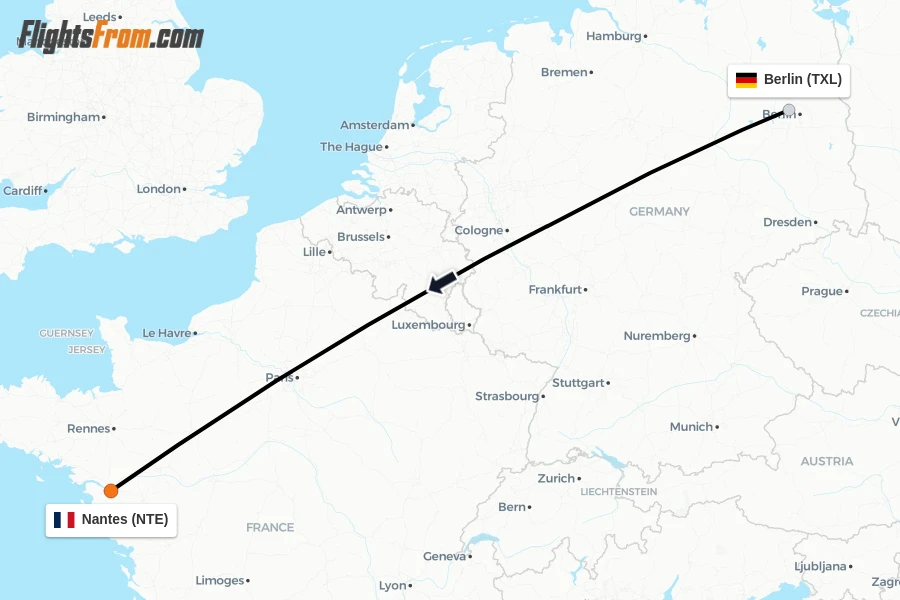 Flights from Berlin to Nantes route map
