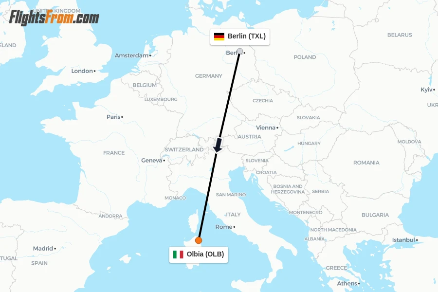 Flights from Berlin to Olbia route map