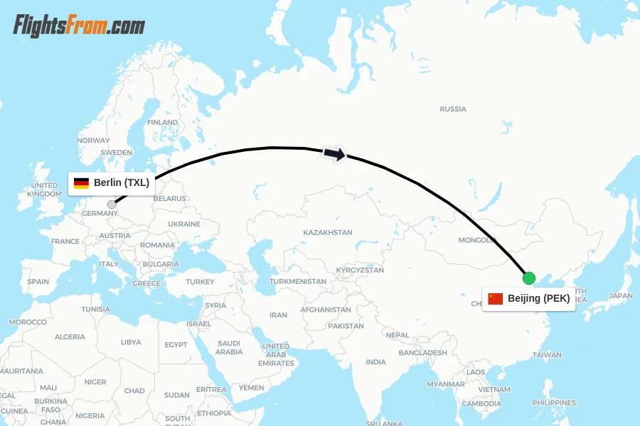 Flights from Berlin to Beijing route map