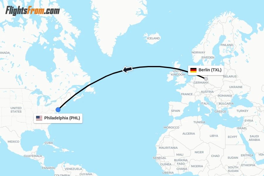 Flights from Berlin to Philadelphia route map