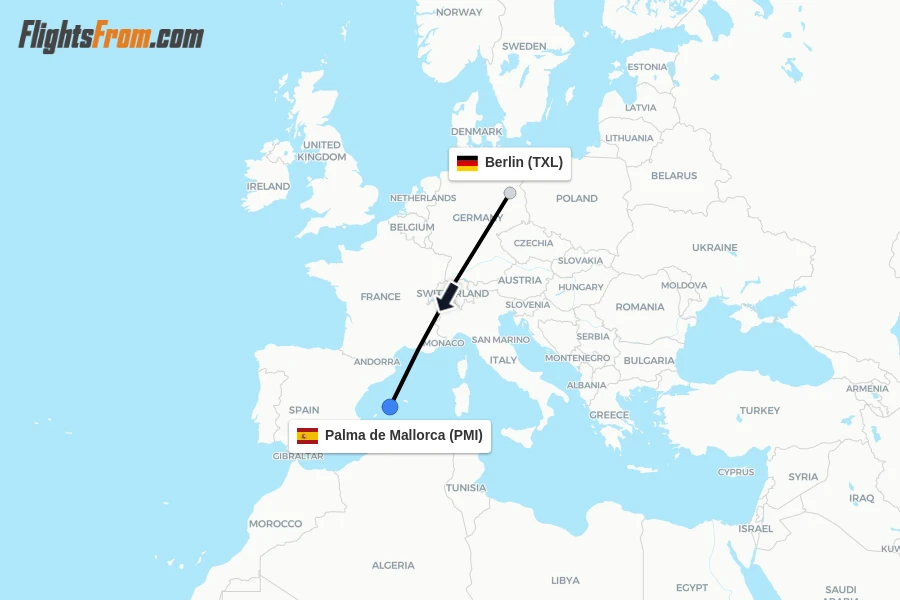 Flights from Berlin to Palma de Mallorca route map
