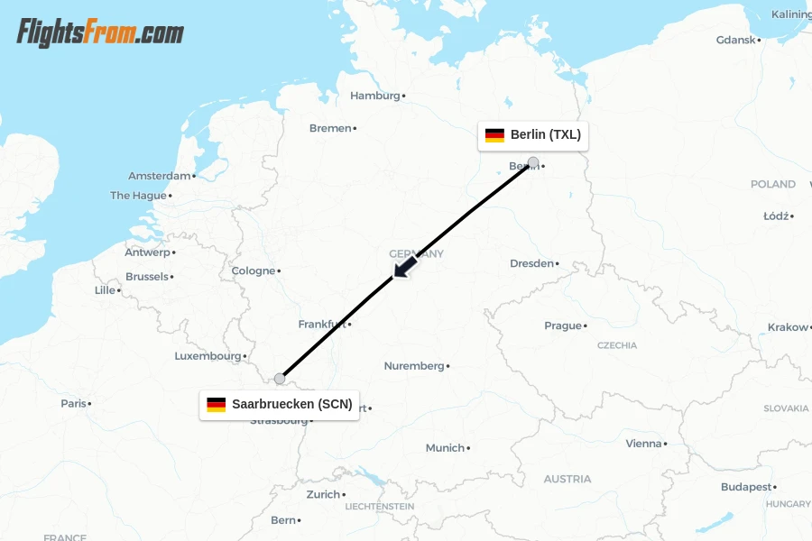 Flights from Berlin to Saarbruecken route map