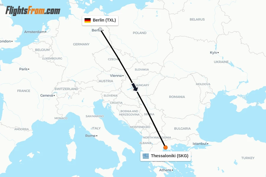 Flights from Berlin to Thessaloniki route map