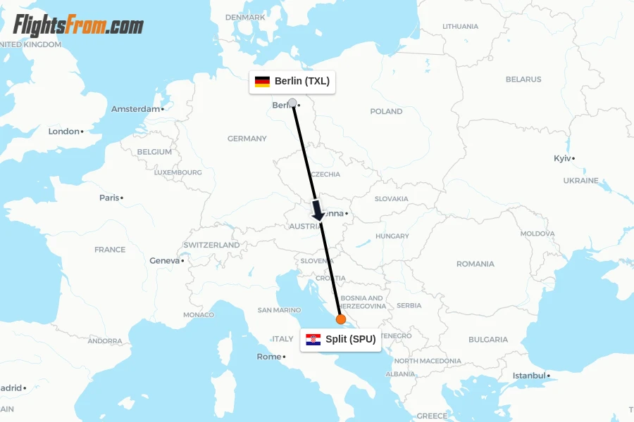 Flights from Berlin to Split route map