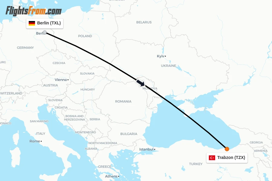 Flights from Berlin to Trabzon route map