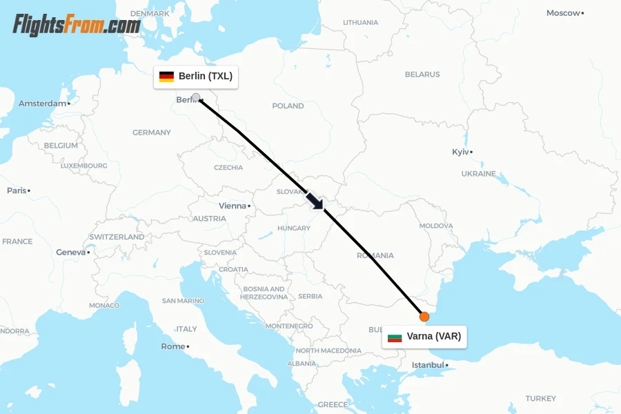 Flights from Berlin to Varna route map