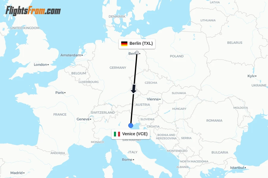 Flights from Berlin to Venice route map